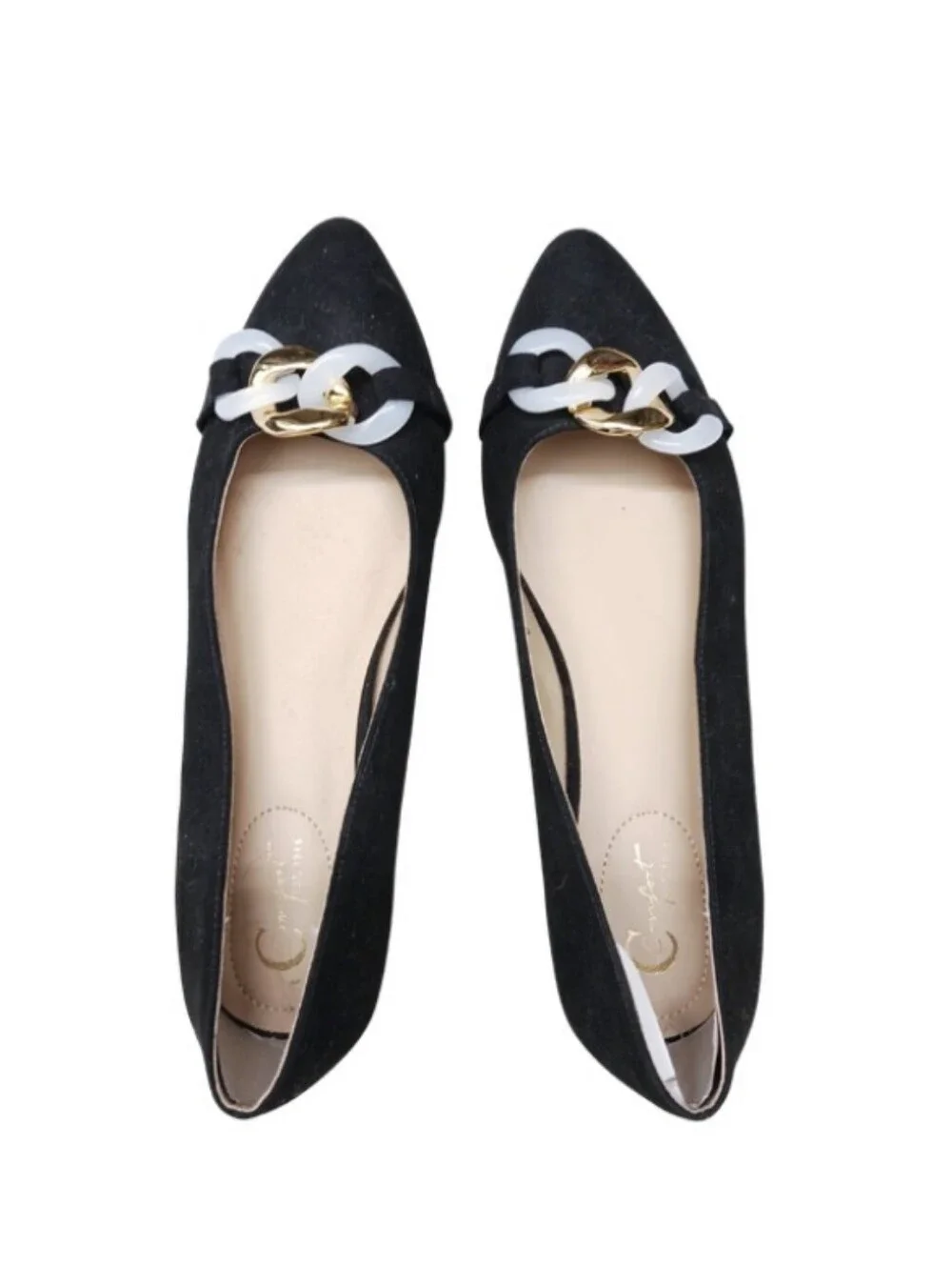 C Comfort Flats Women's 10 Black Faux Velvet Accent Chain Pointed Toe Shoes